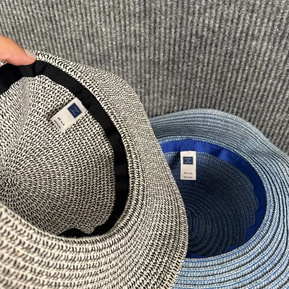 Janie and Jack Toddler Girls Straw Sun Hat Set 2-Pack Black Blue Bow 2T 3‎